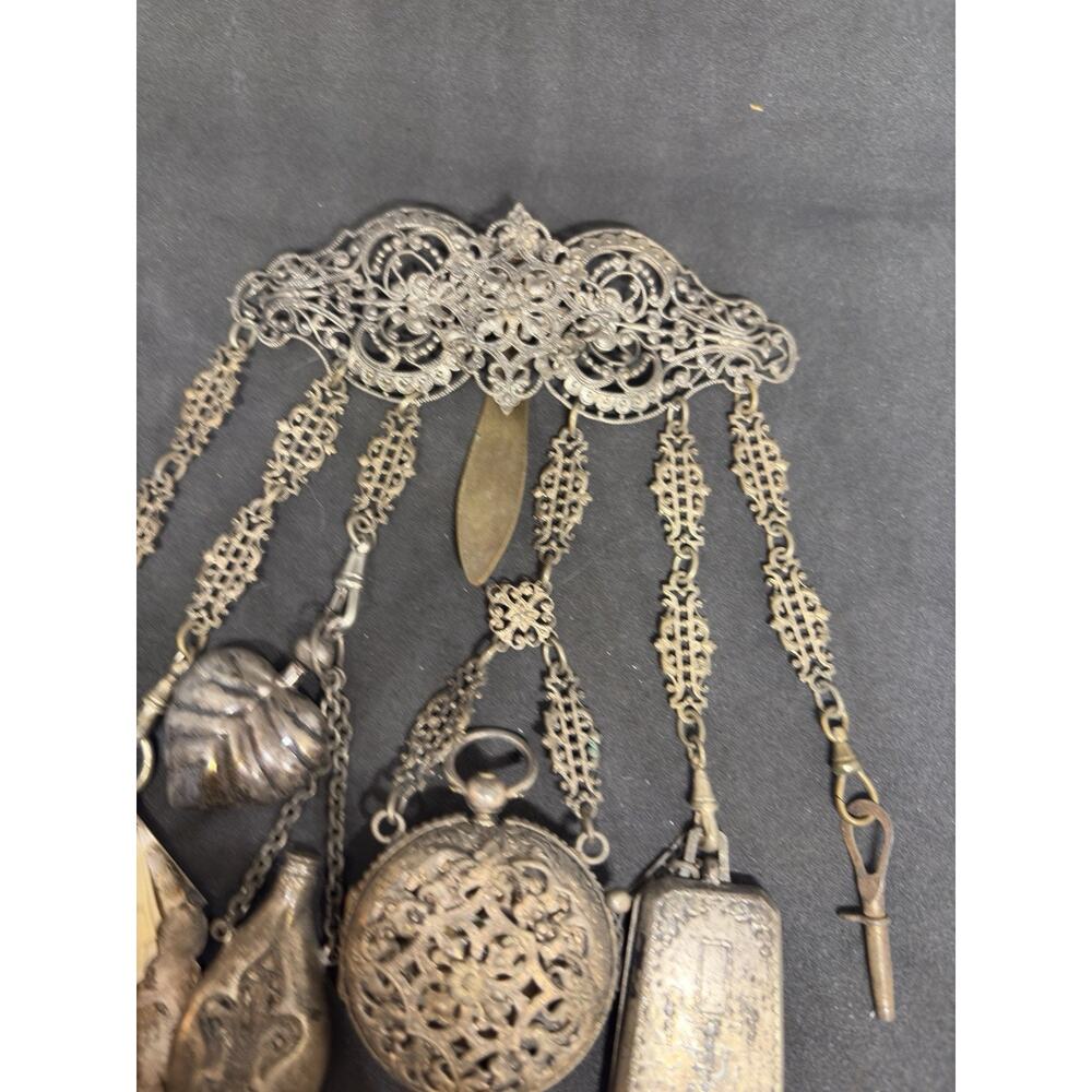 Rare Victorian Chatelaine 19C 7 Piece Scent Bottle Watch Powder Compact Notebook - Picture 8 of 13